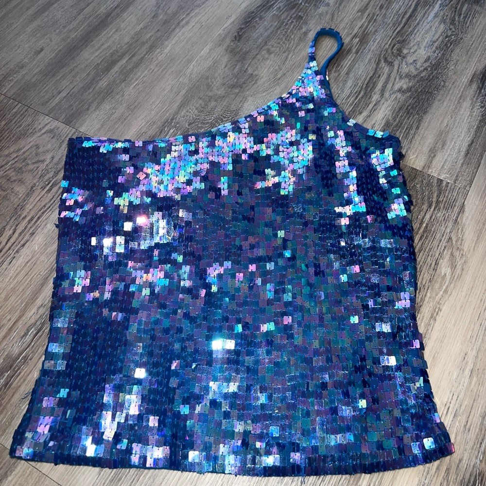 Sequin One-Shoulder Top in Blue and Purple